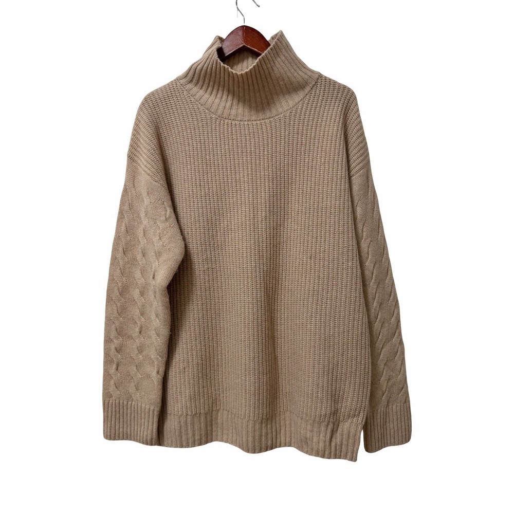 Gentle Herd Wool Cashmere Oversized Turtleneck Sweater Size L Neutral Cable Knit